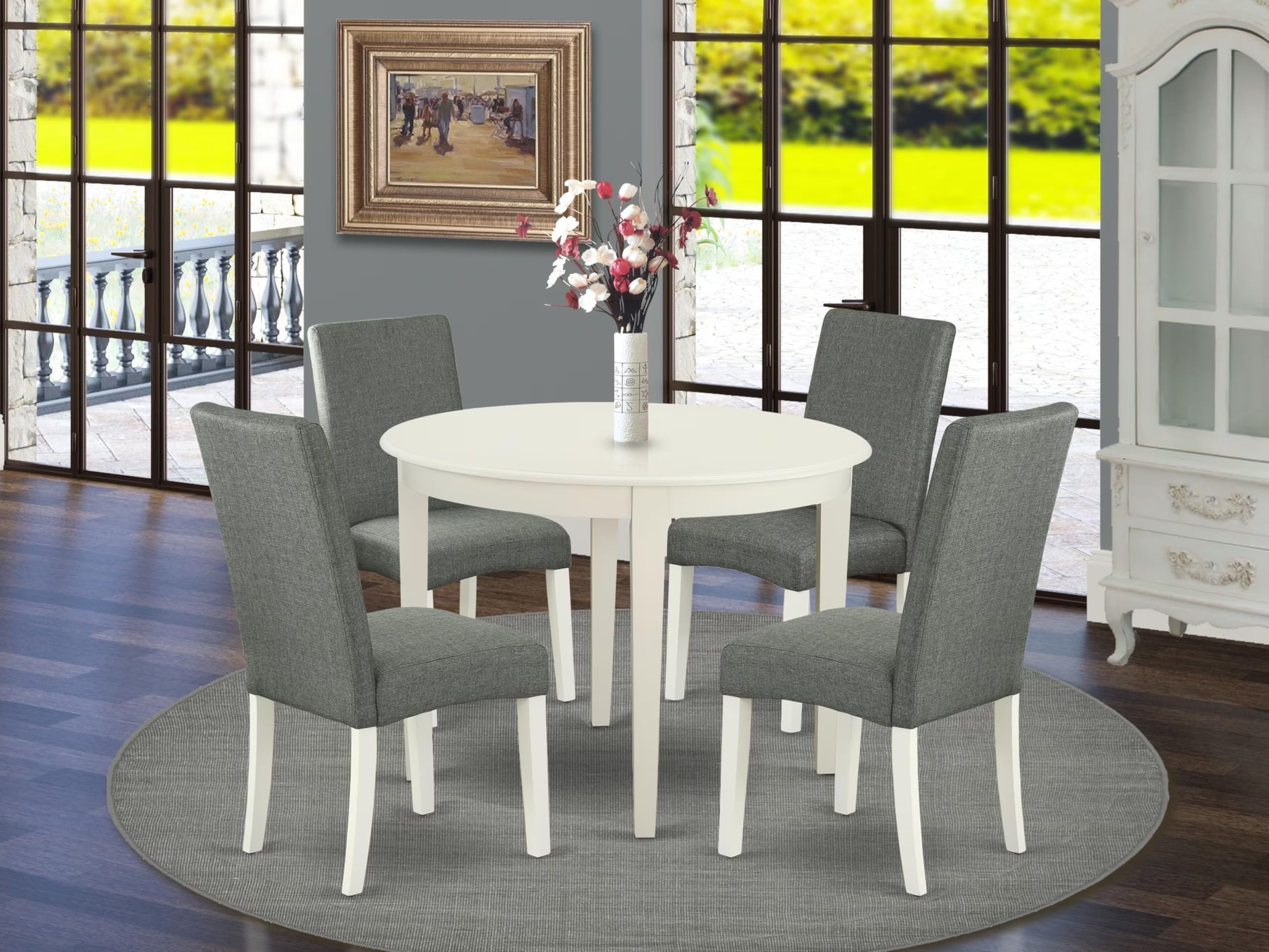 East West Furniture Bodr5-Lwh-07 5 Piece Modern Dining Table Set Includes A Round Kitchen Table And 4 Gray Linen Fabric Upholstered Parson Chairs, 42X42 Inch, Linen White